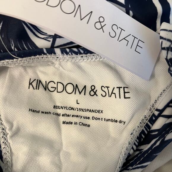 Cut-Out Bandeau Tankini with Palm Leaves in Blue and White Size Large - Picture 5 of 5